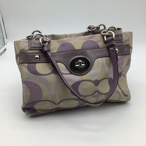Coach Purple Beige Signature Canvas Turnlock Satchel Handbag Purse K1194-F17140